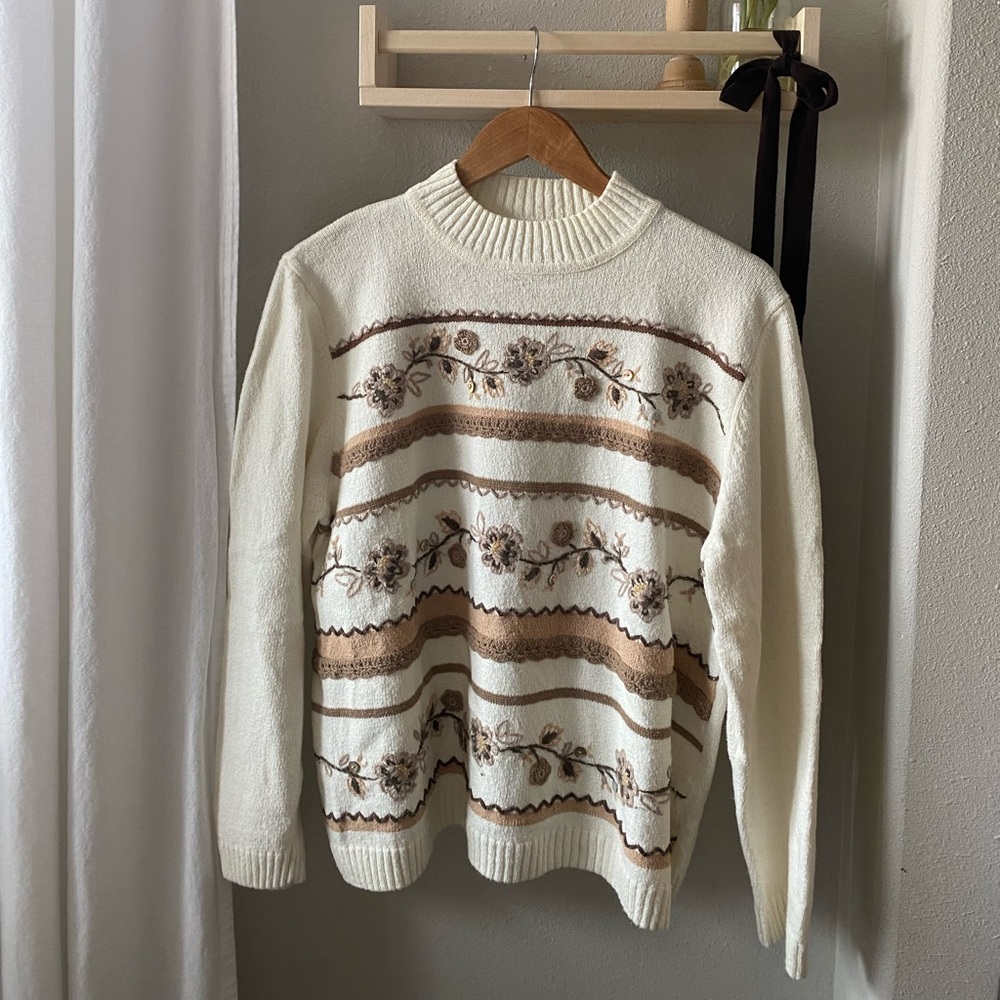 Cream Floral Stripe Crewneck Sweater